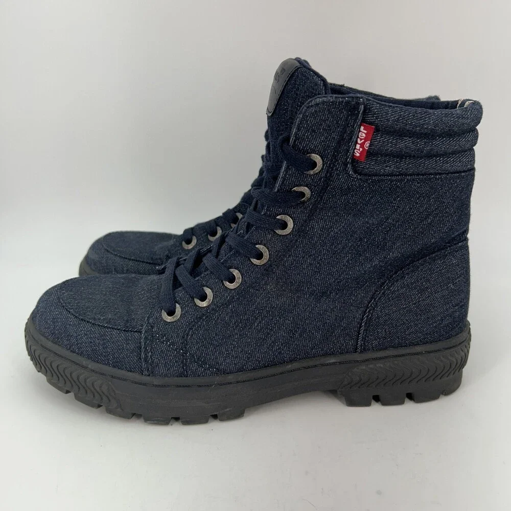 Levis Boots Mens Size 7 Blue Denim Combat Lace Up Ankle Casual Rugged Sole